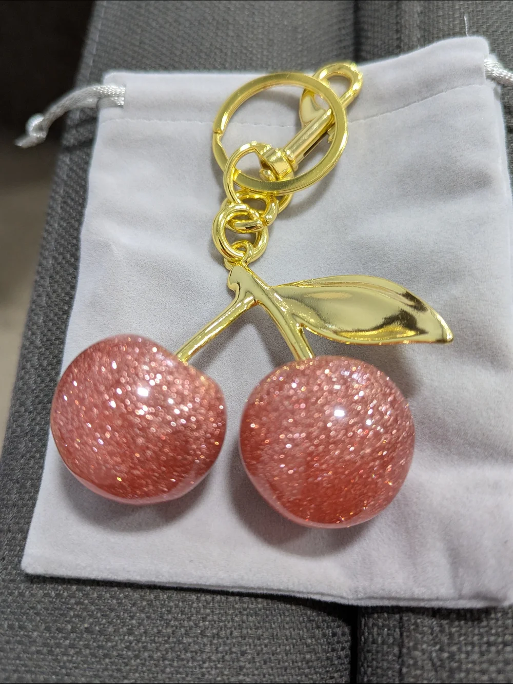 Pink Glitter Cherry Bag Charm Keychain NWOT